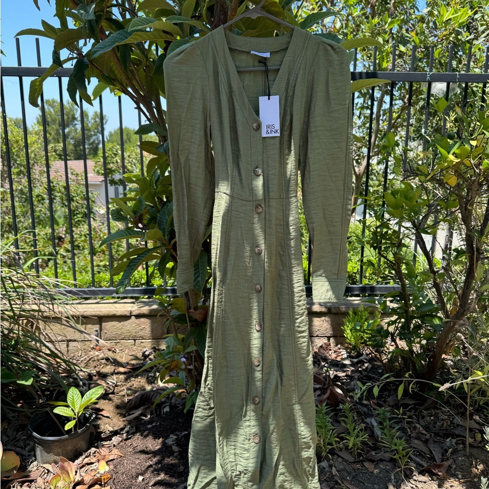 New with tags iris & ink Olive Green Button-Down belted Midi Dress